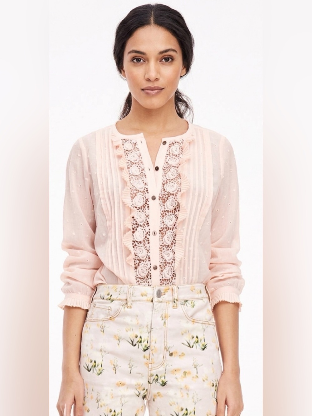 REBECCA TAYLOR Cream Peach Pleated Ruffles Eyelet Lace Semi Sheer Top Blouse 4